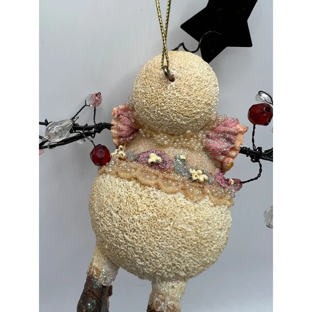 Snowman Ornament Victorian Lace Beaded Cottagecore Shabby Chic Pink Cream Resin